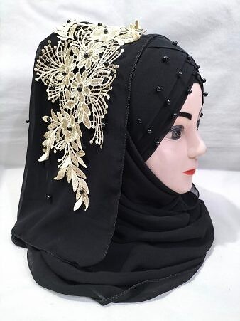 Pearl Floral Ready to Wear with 3D Fancy Flower Bunch - Black Design 1