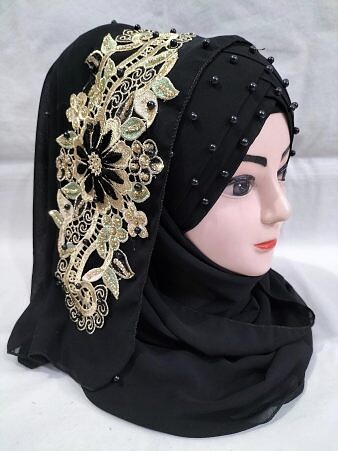 Pearl Floral Ready to Wear with 3D Fancy Flower Bunch - Black Design 2