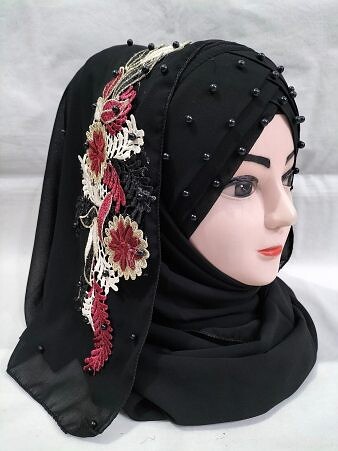 Pearl Floral Ready to Wear with 3D Fancy Flower Bunch - Black Design 4 Pearl Floral Ready to Wear with 3D Fancy Flower Bunch - Black Design 4