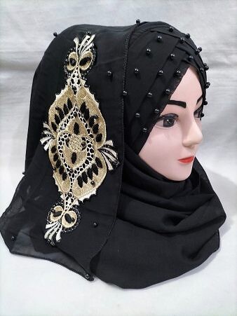 Pearl Floral Ready to Wear with 3D Fancy Flower Bunch - Black Design 5