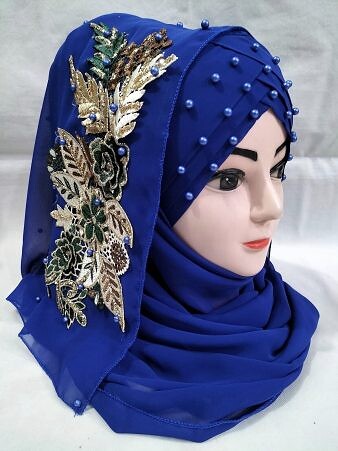 Pearl Floral Ready to Wear with 3D Fancy Flower Bunch - Blue (Design 2)