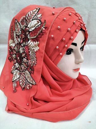 Pearl Floral Ready to Wear with 3D Fancy Flower Bunch - Coral Orange Pearl Floral Ready to Wear with 3D Fancy Flower Bunch - Coral Orange