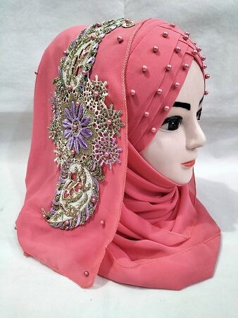 Pearl Floral Ready to Wear with 3D Fancy Flower Bunch - Coral Pink (Design 1)