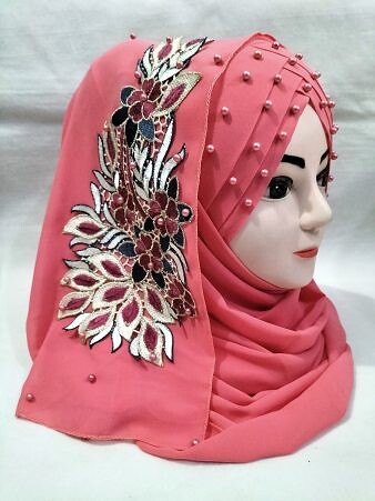 Pearl Floral Ready to Wear with 3D Fancy Flower Bunch - Coral Pink (Design 2)