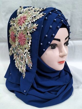 Pearl Floral Ready to Wear with 3D Fancy Flower Bunch - Dark Navy Blue Pearl Floral Ready to Wear with 3D Fancy Flower Bunch - Dark Navy Blue