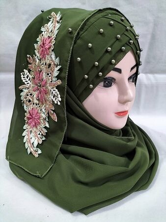 Pearl Floral Ready to Wear with 3D Fancy Flower Bunch - Dark Olive Green Pearl Floral Ready to Wear with 3D Fancy Flower Bunch - Dark Olive Green