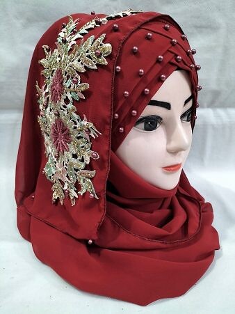 Pearl Floral Ready to Wear with 3D Fancy Flower Bunch - Maroon Pearl Floral Ready to Wear with 3D Fancy Flower Bunch - Maroon