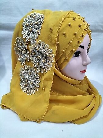 Pearl Floral Ready to Wear with 3D Fancy Flower Bunch - Mustard