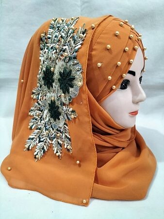 Pearl Floral Ready to Wear with 3D Fancy Flower Bunch - Tango Mustard