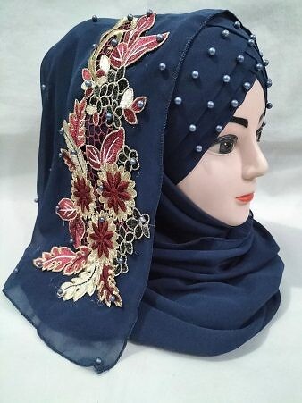 Pearl Floral Ready to Wear with 3D Fancy Flower Bunch - Navy Blue (Design 1) Pearl Floral Ready to Wear with 3D Fancy Flower Bunch - Navy Blue (Design 1)