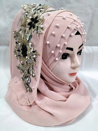 Pearl Floral Ready to Wear with 3D Fancy Flower Bunch - Nude Pink Pearl Floral Ready to Wear with 3D Fancy Flower Bunch - Nude Pink