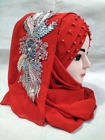 Pearl Floral Ready to Wear with 3D Fancy Flower Bunch - Red (Design 4) Pearl Floral Ready to Wear with 3D Fancy Flower Bunch - Red (Design 4)