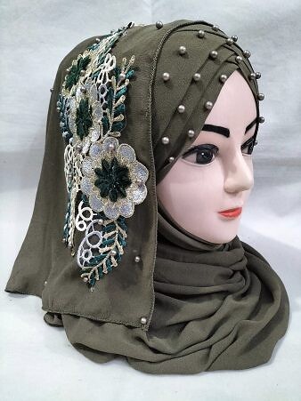 Pearl Floral Ready to Wear with 3D Fancy Flower Bunch - Sage Green (Design 1) Pearl Floral Ready to Wear with 3D Fancy Flower Bunch - Sage Green (Design 1)