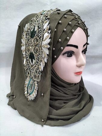 Pearl Floral Ready to Wear with 3D Fancy Flower Bunch - Sage Green (Design 2)