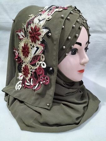 Pearl Floral Ready to Wear with 3D Fancy Flower Bunch - Sage Green (Design 3)