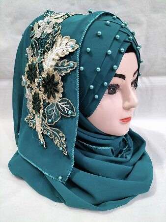 Pearl Floral Ready to Wear with 3D Fancy Flower Bunch - Sea Green