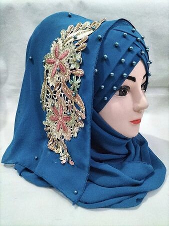 Pearl Floral Ready to Wear with 3D Fancy Flower Bunch - Teal Pearl Floral Ready to Wear with 3D Fancy Flower Bunch - Teal