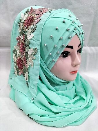 Pearl Floral Ready to Wear with 3D Fancy Flower Bunch - Turquoise