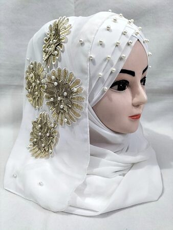 Pearl Floral Ready to Wear with 3D Fancy Flower Bunch - White Pearl Floral Ready to Wear with 3D Fancy Flower Bunch - White