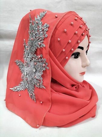 Pearl Floral Ready to Wear with Silver Bunch - Coral Orange