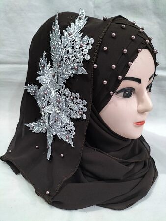 Pearl Floral Ready to Wear with Silver Bunch - Dark Brown
