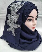 Pearl Floral Ready to Wear with Silver Bunch - Dark Navy Blue