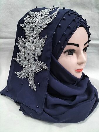 Pearl Floral Ready to Wear with Silver Bunch - Dark Navy Blue Pearl Floral Ready to Wear with Silver Bunch - Dark Navy Blue