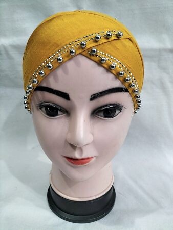 Cross Over Tie Back Bonnet with Pearls - Mustard Cross Over Tie Back Bonnet with Pearls - Mustard