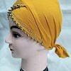 Cross Over Tie Back Bonnet with Pearls - Mustard Cross Over Tie Back Bonnet with Pearls - Mustard