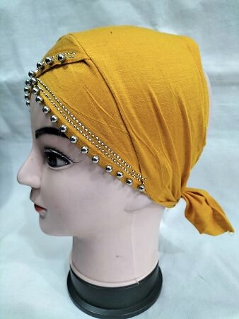 Cross Over Tie Back Bonnet with Pearls - Mustard Cross Over Tie Back Bonnet with Pearls - Mustard