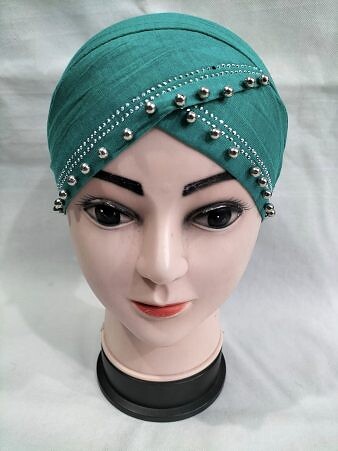 Cross Over Tie Back Bonnet with Pearls - Turquoise