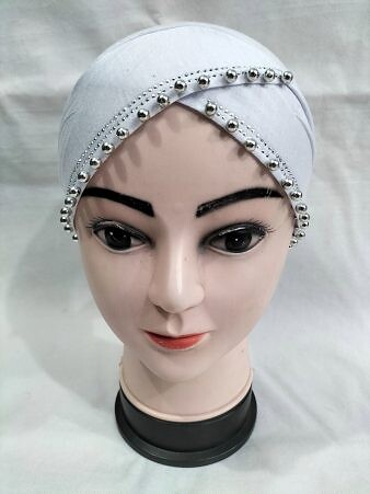 Cross Over Tie Back Bonnet with Pearls - White Cross Over Tie Back Bonnet with Pearls - White