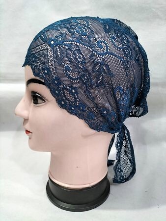 Lace Tie Back Bonnet Cap - Navy Blue Design 2