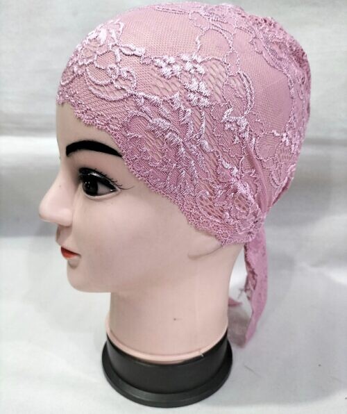 lace tie back bonnet cap tea pink design 2