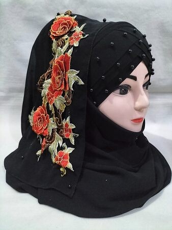 Pearl Floral Ready to Wear with 3D Flower Bunch - Black