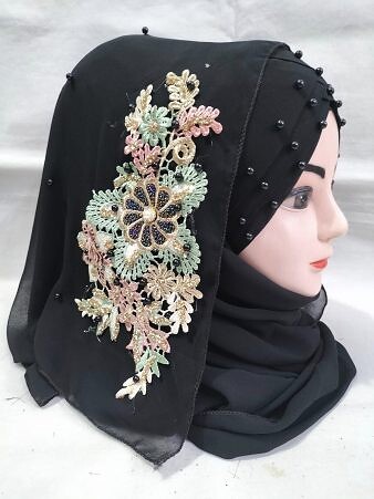 Pearl Floral Ready to Wear with 3D Fancy Flower Bunch - Black Design 7 Pearl Floral Ready to Wear with 3D Fancy Flower Bunch - Black Design 7