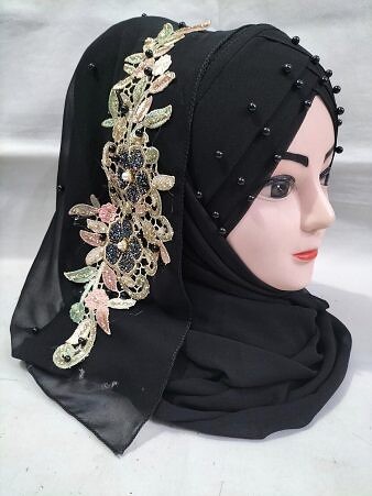 Pearl Floral Ready to Wear with 3D Fancy Flower Bunch - Black Design 8
