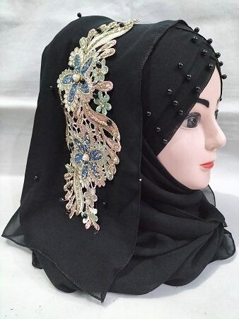 Pearl Floral Ready to Wear with 3D Fancy Flower Bunch - Black Design 9