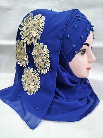 Pearl Floral Ready to Wear with 3D Fancy Flower Bunch - Blue