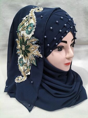 Pearl Floral Ready to Wear with 3D Fancy Flower Bunch - Navy Blue (Design 2)