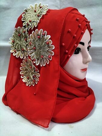 Pearl Floral Ready to Wear with 3D Fancy Flower Bunch - Red