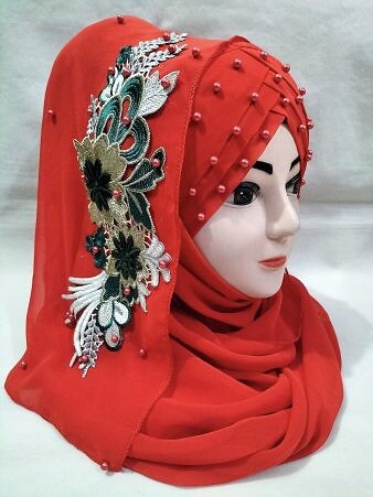 Pearl Floral Ready to Wear with 3D Fancy Flower Bunch - Red (Design 2)