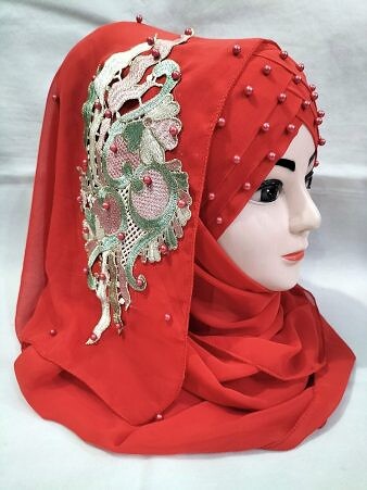 Pearl Floral Ready to Wear with 3D Fancy Flower Bunch - Red (Design 3)