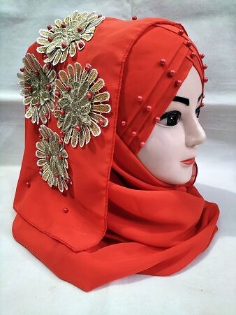 Pearl Floral Ready to Wear with 3D Fancy Flower Bunch - Reddish Orange