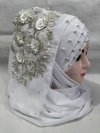 Pearl Floral Ready to Wear with 3D Fancy Flower Bunch - White (Design 3)