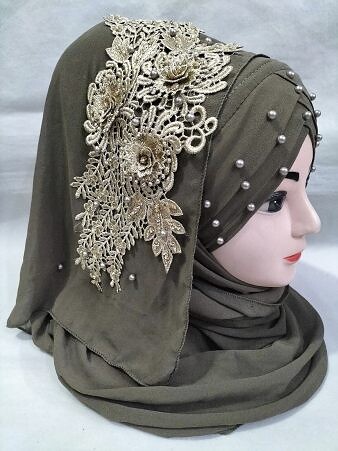 Pearl Ready to Wear with Golden Bunch - Olive Green (Design 2)