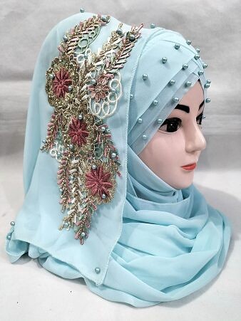 Pearl Floral Ready to Wear with 3D Fancy Flower Bunch - Sky Blue (Design 2)