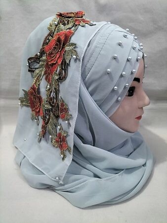 Pearl Floral Ready to Wear with 3D Flower Bunch - Dirty Blue