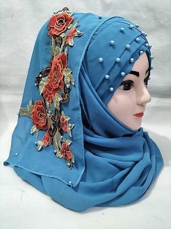 Pearl Floral Ready to Wear with 3D Flower Bunch - Blue