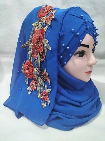Pearl Floral Ready to Wear with 3D Flower Bunch - Dark Blue